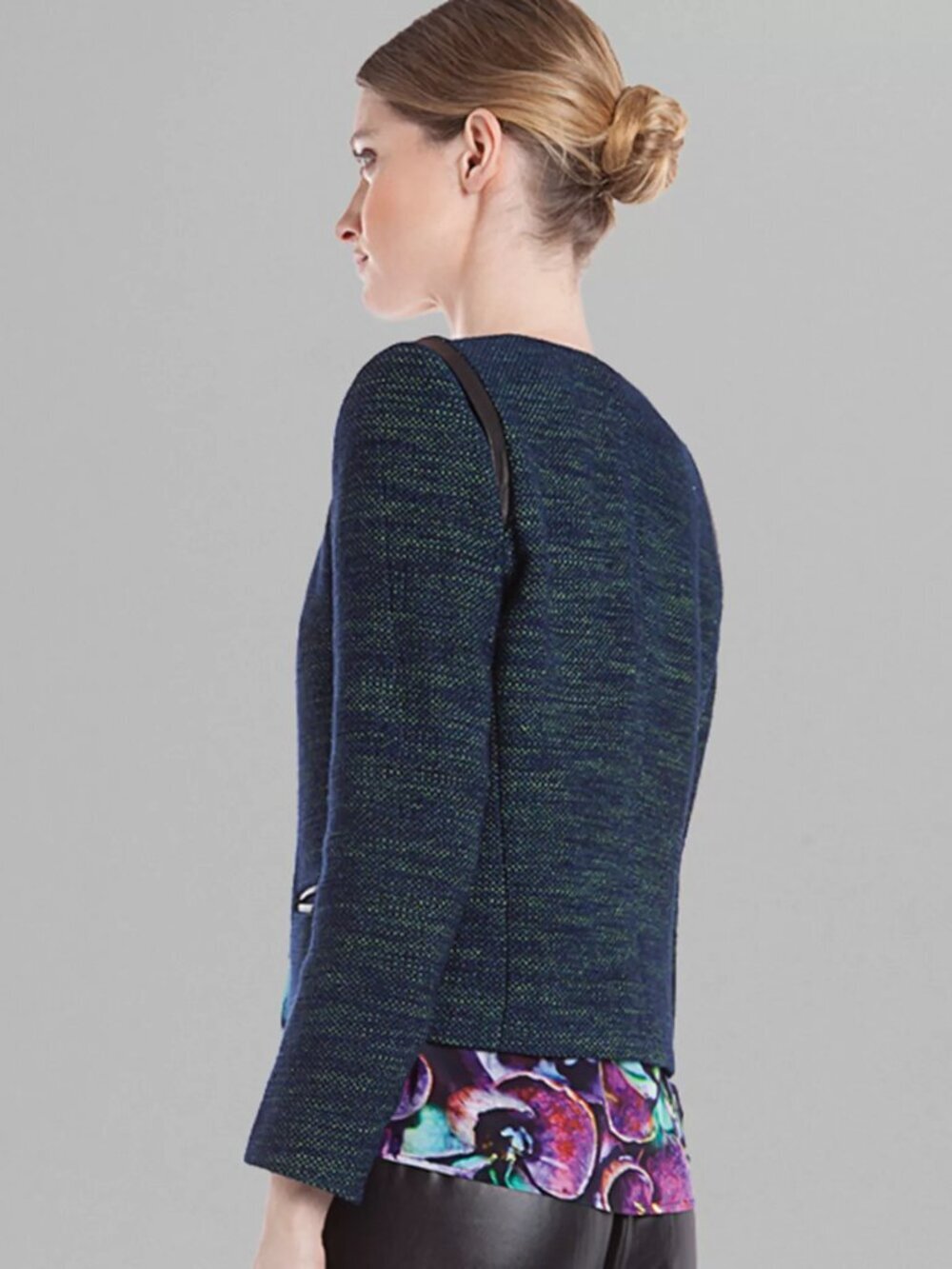 Sandro Paris Wool & Leather Blue Marine Black Knit Jacket w/ Chain Size 36  NWOT - Picture 2 of 3